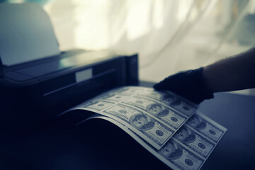 The concept of the global economic crisis. Illegal production of US dollars. Print money...