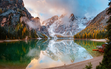 Attractive view of most famous alpine lake Braies (Pragser Wildsee). © Leonid Tit