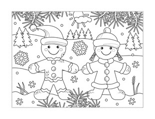 This is coloring page with gingerbread man and gingerbread girl walking in outdoor winter scene.
