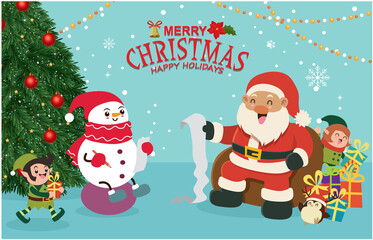 Vintage Christmas poster design with vector tree, Santa Claus, snowman, penguin, elf characters.