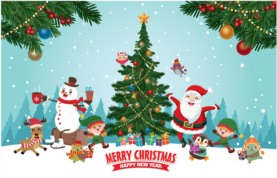 Vintage Christmas poster design with vector tree, Santa Claus, elf, reindeer, owl, penguin, snowman, bird characters.