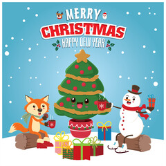 Vintage Christmas poster design with vector tree, Santa Claus, fox, snowman, reindeer.