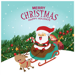 Vintage Christmas poster design with vector tree, Santa Claus, elf, reindeer.