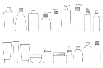 Set of cosmetic bottles. Bottles for shampoo, cream, tonic, balm. Linear image on a white background.