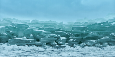 Natural ice. Winter landscape. Ice blocks. Winter
