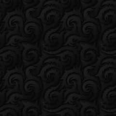 Abstract swirl seamless background in black color. Curls with spikes and shadow. Stock vector illustration.