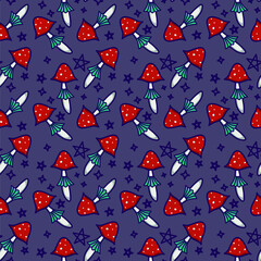 Cute red mushrooms vector seamless pattern. Amanita and stars magical print 
