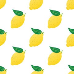 Fresh ripe lemons with green leaves vector seamless pattern background.
