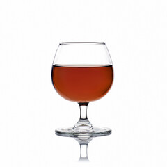 cognac glass with cognac on a white background with reflection