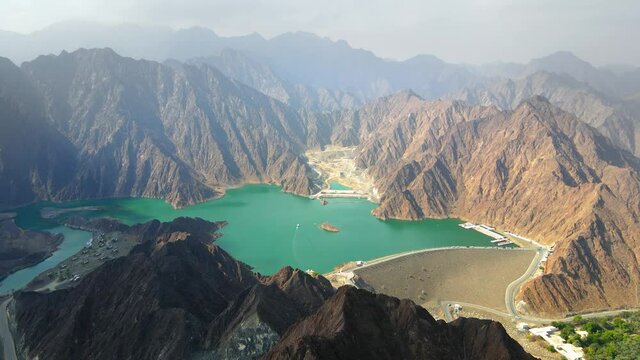 Hatta Dam Lake in eastern region of Dubai, United Arab Emirates aerial view