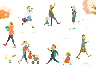 おしゃれな手描きの人物イラスト素材セット　春の新生活スタート　桜