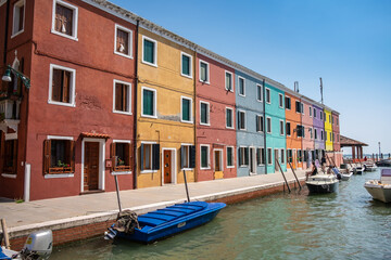 Naklejka na ściany i meble Venice landmark, Burano island canal, colorful houses and boats