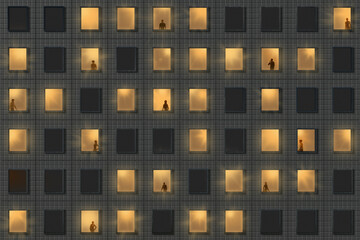 Illustrazione 3D. Persone alle finestre illuminate. .Notturno di facciata di casa, palazzo..