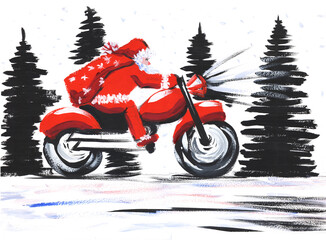 Watercolor Christmas postcard with classical Santa Clause in traditional costume riding red motorcycle against white snow background with stylized black firs. Hand drawn greeting for winter holidays