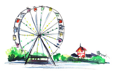 Watercolor summer blurred landscape of amusement park extracted on white background. High Ferris wheel lit with many colorful lights against green leafy trees and bright red fairground tent