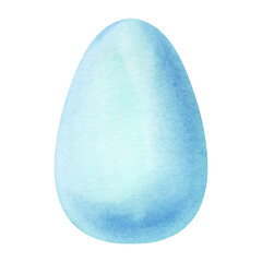 Watercolor image of dyed egg of gently blue color isolated on white background. Hand drawn illustration of Easter egg. Decorative element for scrapbooking. Diet healthy food.