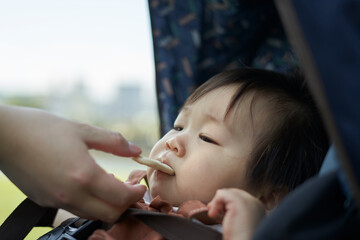 ベビーカーに乗るかわいい日本人の赤ちゃん