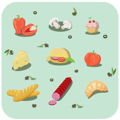 Vector illustration, set of icons on the theme of food. Design for menus, restaurants, cafes, kitchen textiles and inventory. Background isolated. Bright varied icon.
