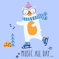 cute baby bear ice skating. cute kids print and music
