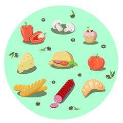 Vector illustration, set of icons on the theme of food. Design for menus, restaurants, cafes, kitchen textiles and inventory. Background isolated. Bright varied icon.