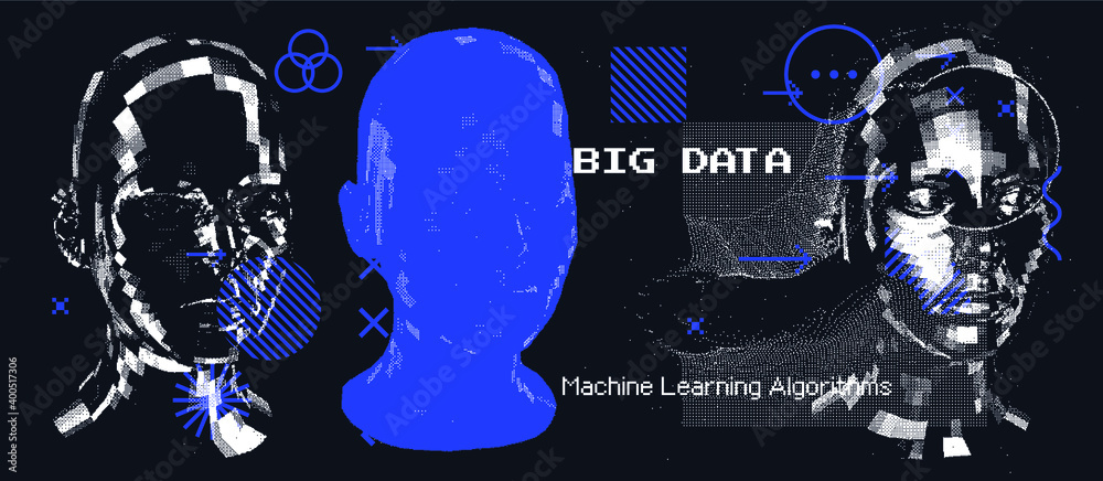 Poster Artificial Intelligence concept. Android machine head made of pixels.