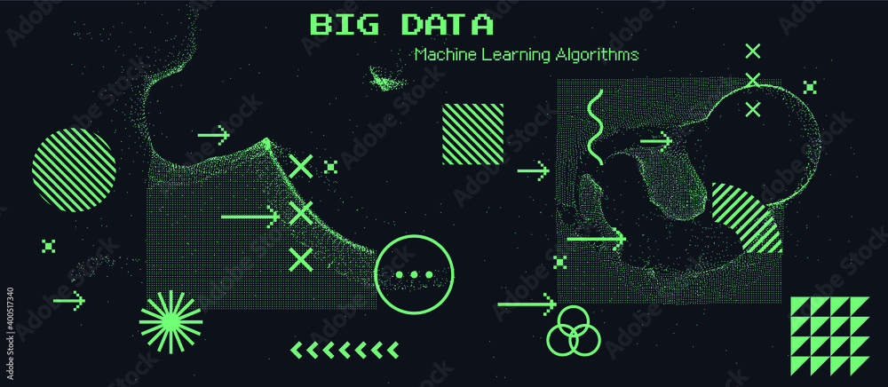 Poster Abstract technology background with pixels and particles. Geometric futuristic composition.