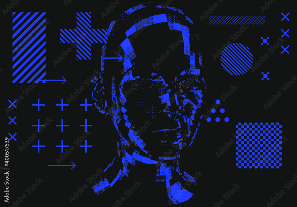 Aufkleber artificial intelligence concept. android machine head made of pixels.