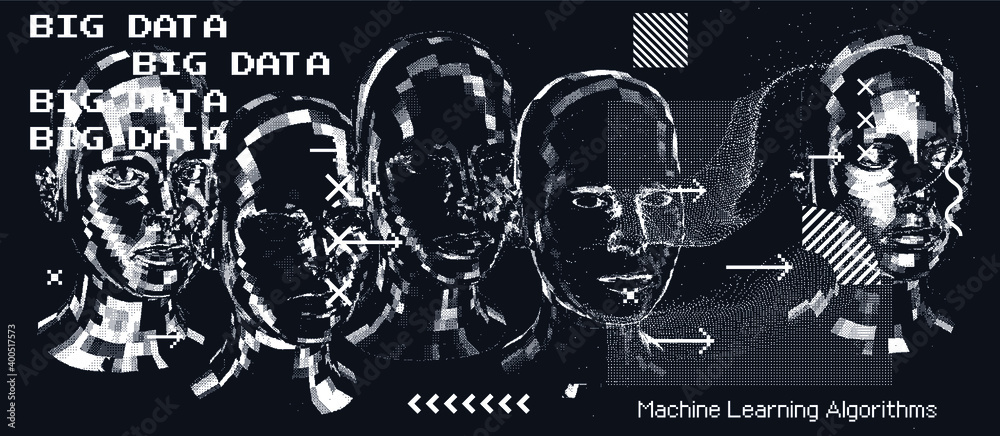 Poster Artificial Intelligence concept. Android machine head made of pixels.