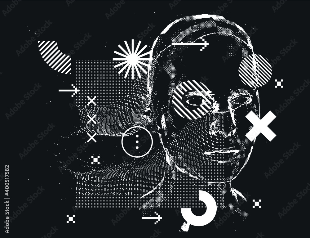 Poster Artificial Intelligence concept. Android machine head made of pixels.