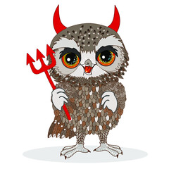 emoji with evil devil owl with horns, cuspids grinning, holding a trident in his hand, Satan or red imp with canine teeth,  vector emoticon on white isolated background