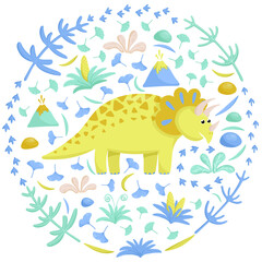 Round picture with cute triceratops surrounded ancient plant.