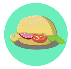 Vector illustration of a hamburger, icon, on a round background, design for menu decoration, food advertising, mobile app, cafe, restaurant, kitchen textiles, poster