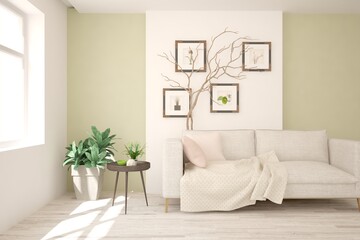 White living room with sofa. Scandinavian interior design. 3D illustration
