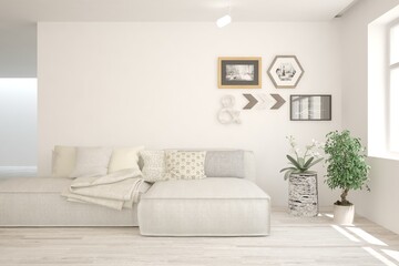 White living room with sofa. Scandinavian interior design. 3D illustration