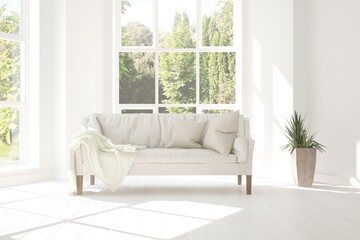 White living room with sofa and summer landscape in window. Scandinavian interior design. 3D illustration