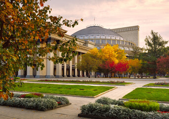 Novosibirsk, Siberia, Russia-09.15.2020: Opera and Ballet Theater. The largest theater building in Russia in autumn square