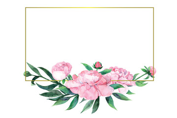 Watercolor pink peony. Frame with bouquet with flowers and leaves for card, invitation, paper. Vector illustration isolated on the white background.