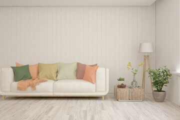 White living room with sofa. Scandinavian interior design. 3D illustration