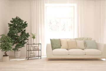 White living room with sofa. Scandinavian interior design. 3D illustration