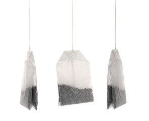 Set hanging tea bags isolated on white background, clipping path