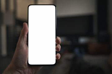 Man hold smartphone with white screen in his hand lying on a couch in home environment