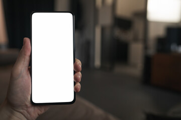 Man hold smartphone with white screen in his hand sitting on a couch in home environment