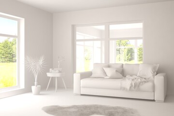 Mock up of stylish room in white color with sofa and green landscape in window. Scandinavian interior design. 3D illustration