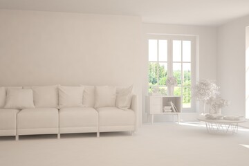 White minimalist living room with sofa. Scandinavian interior design. 3D illustration