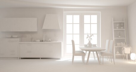 White stylish minimalist kitchen. Scandinavian interior design. 3D illustration