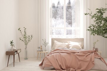 Stylish bedroom in white color with winter landscape in window. Scandinavian interior design. 3D illustration