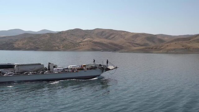 Pertek, Tunceli, Turkey-September 18 2020: Pertek ferry in Keban dam