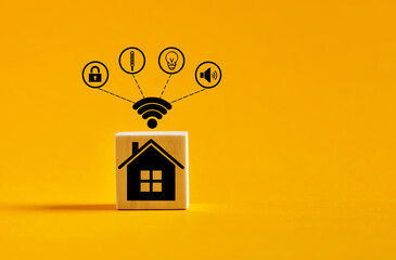 Wooden block with house and innovation technology internet network icons. Smart home Automation...