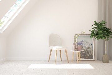 White living room with armchair. Scandinavian interior design. 3D illustration