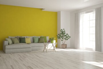 White living room with sofa. Scandinavian interior design. 3D illustration